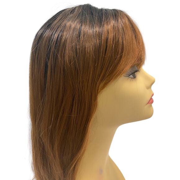 Human Hair Blend Rosario Wig Black Brown Long Straight Layered Bangs for Women - Picture 1 of 13